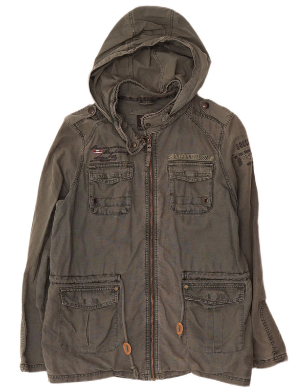 Jaqueta militar masculina com capuz gráfico Soccx Reino Unido 40 grande linho cáqui