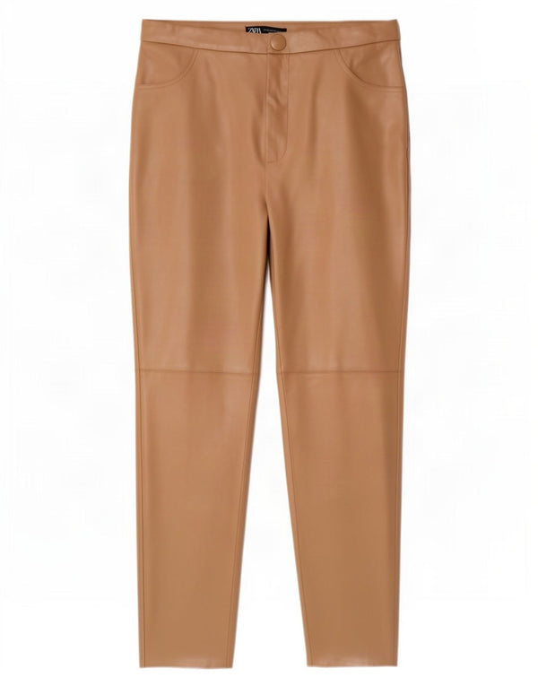 Calça feminina skinny de couro sintético Zara 2XL W40 L27 poliuretano bege