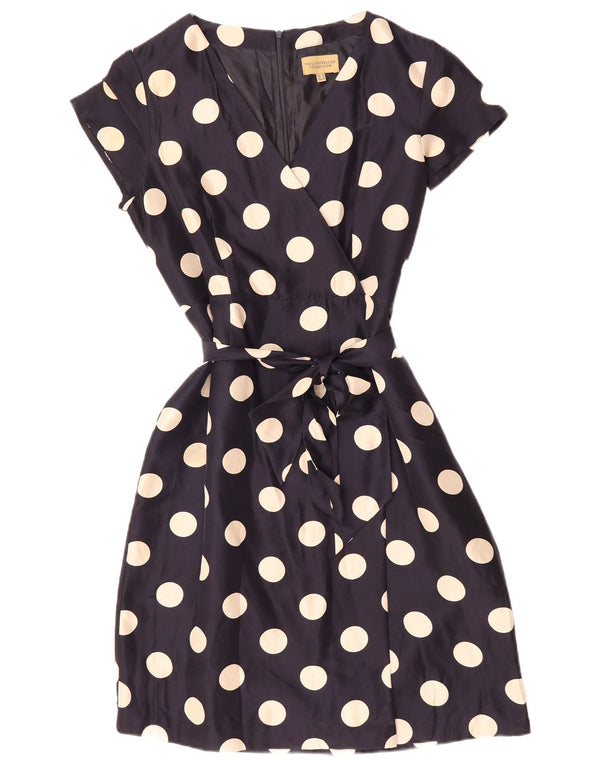 PAUL COSTELLOE Vestido feminino evasê Reino Unido 16 grande seda azul marinho com bolinhas