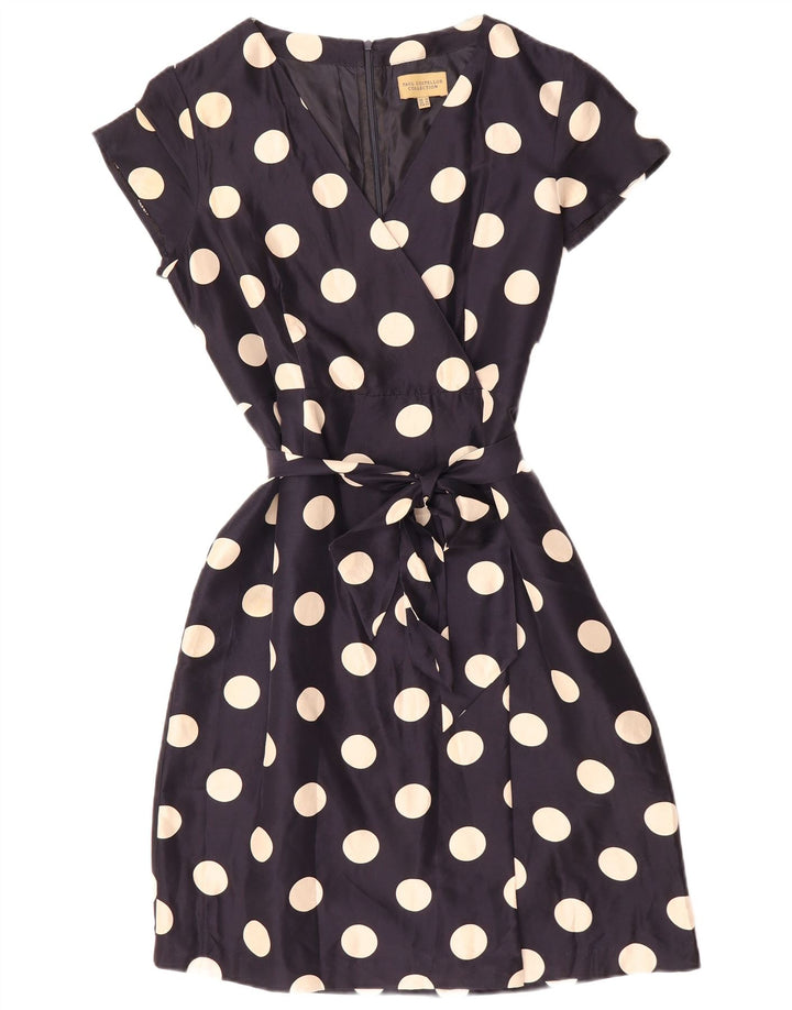 PAUL COSTELLOE Vestido feminino evasê Reino Unido 16 grande seda azul marinho com bolinhas