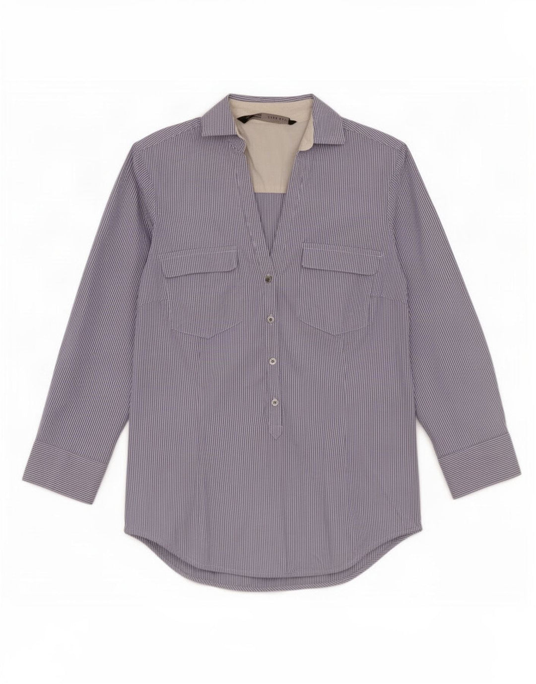 Pulôver feminino Zara manga 3/4 Reino Unido 6 XS risca de giz azul