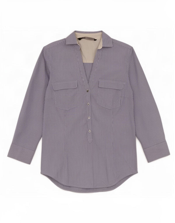 Pulôver feminino Zara manga 3/4 Reino Unido 6 XS risca de giz azul