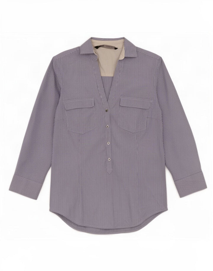 Pulôver feminino Zara manga 3/4 Reino Unido 6 XS risca de giz azul