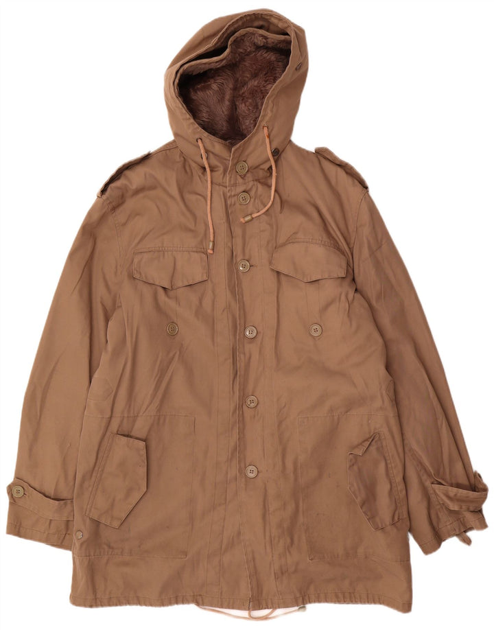 Jaqueta militar com capuz masculina vintage IT 52 XL poliéster bege