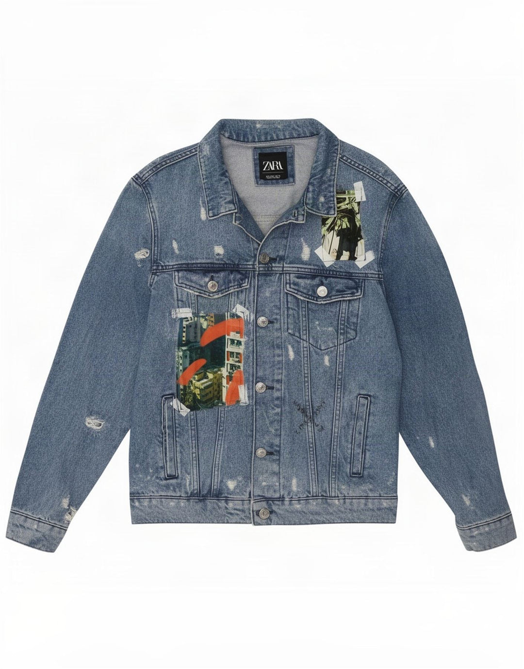 Jaqueta jeans masculina Zara Artist Graphic envelhecida Reino Unido 42 patchwork azul grande