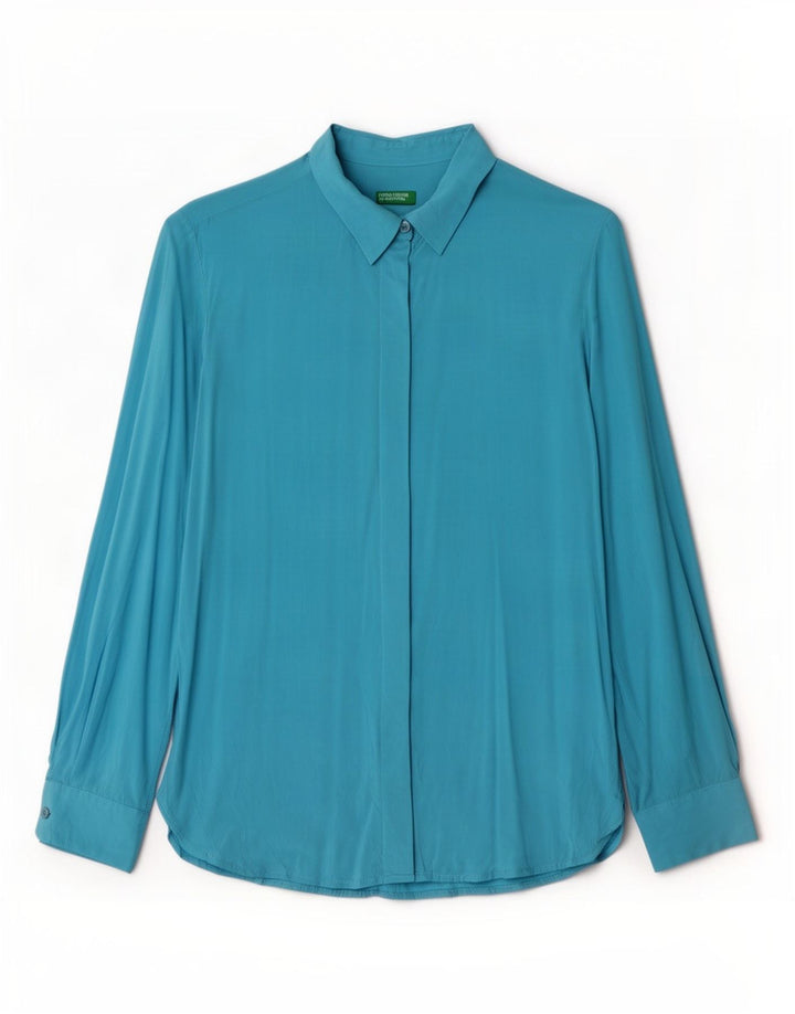 Camisa feminina Benetton UK 10 pequena viscose azul