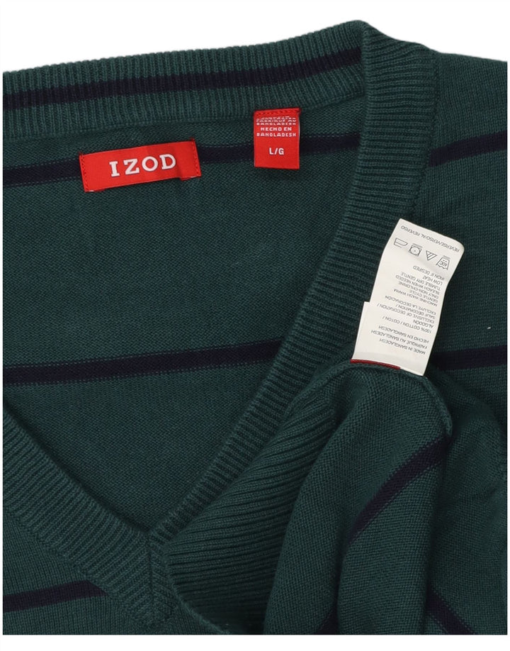 Suéter masculino IZOD com decote em V, grande algodão listrado verde