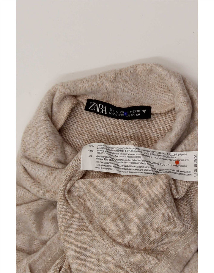 Top feminino Zara manga comprida UK 14 grande poliéster manchado bege