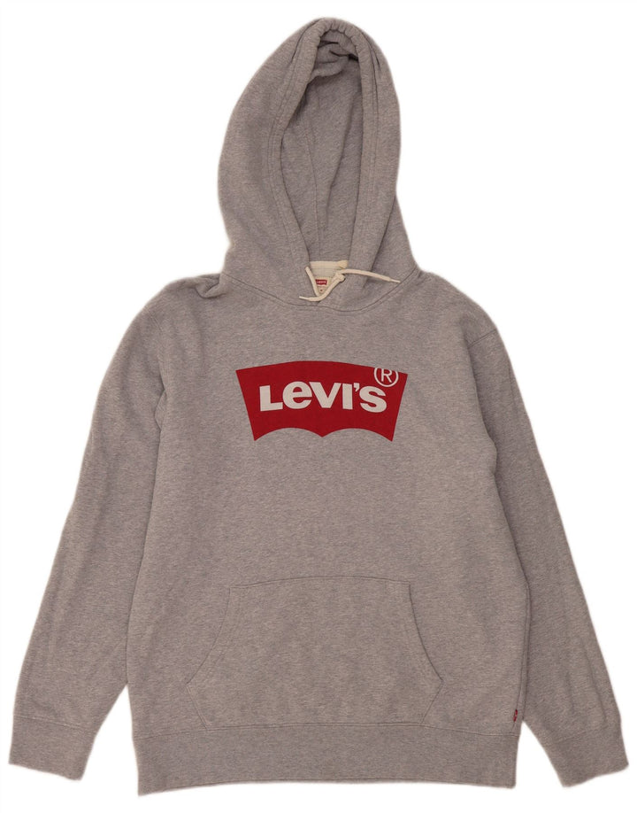 Suéter com capuz gráfico masculino Levi's algodão manchado cinza médio