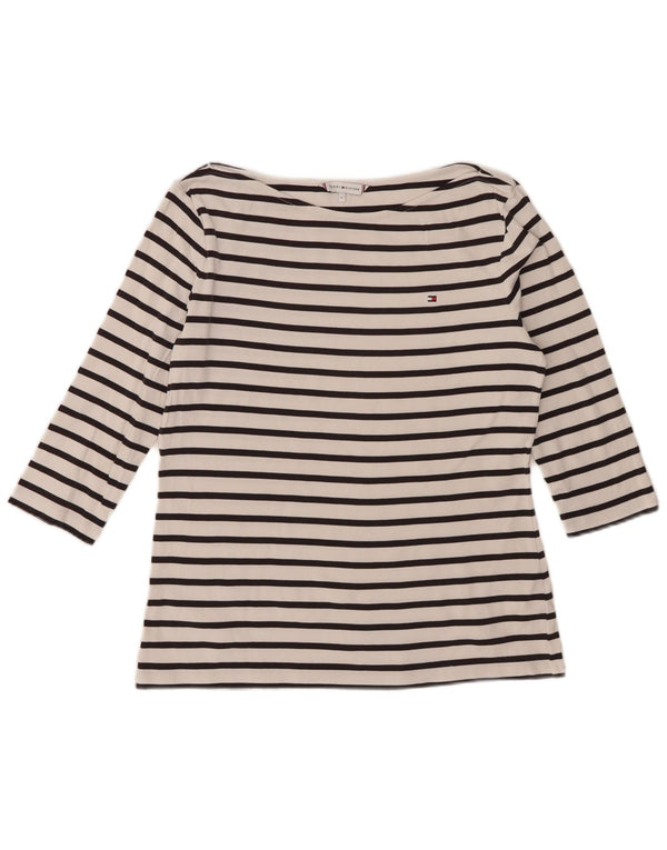 Tommy Hilfiger Top feminino manga 3/4 UK 14 grande algodão listrado branco