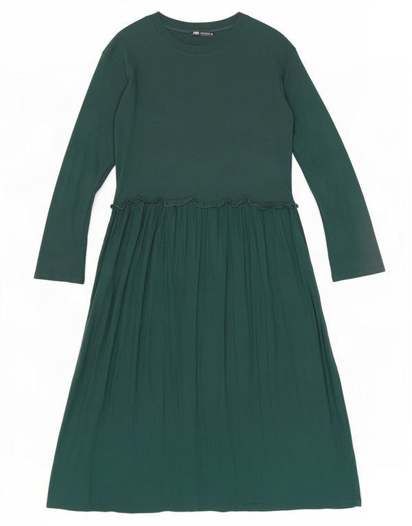 Vestido feminino Zara manga comprida evasê Reino Unido 14 algodão verde médio