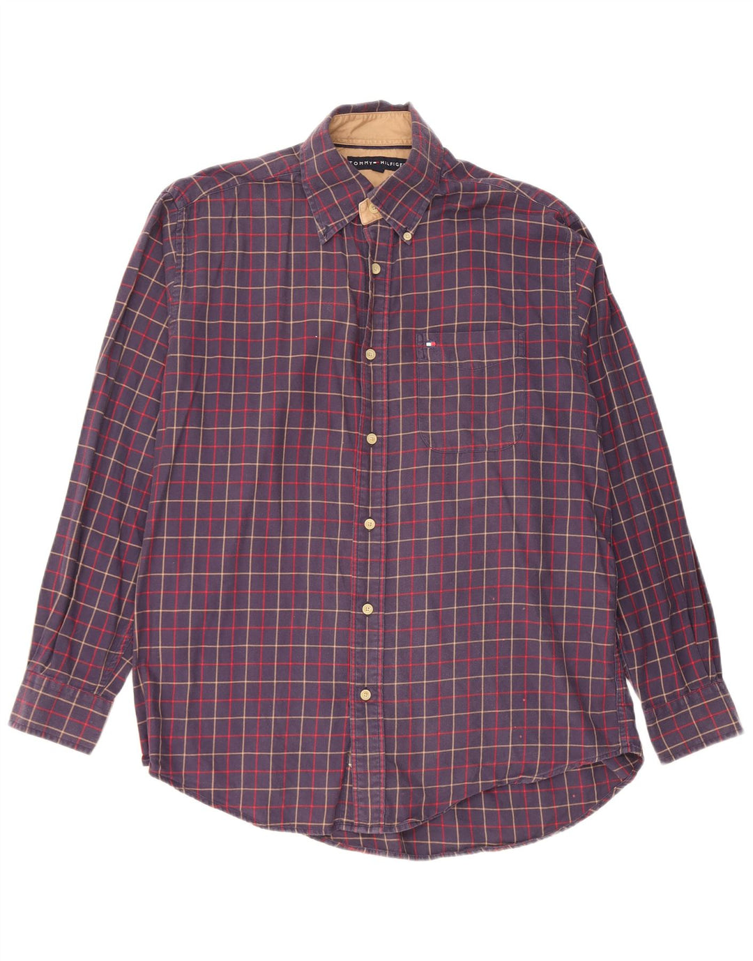 Camisa masculina de flanela Tommy Hilfiger pequena algodão xadrez azul marinho
