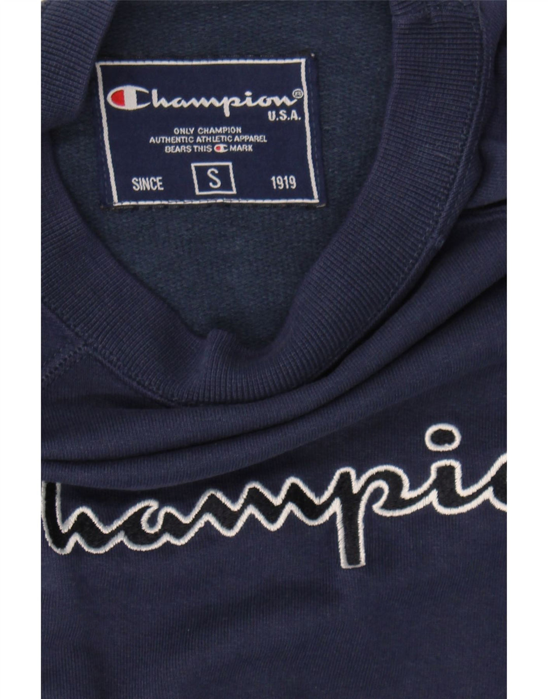 CHAMPION Mens Graphic Sweatshirt Jumper Small Navy Blue Vintage Champion and Second-Hand Champion from Messina Hembry 