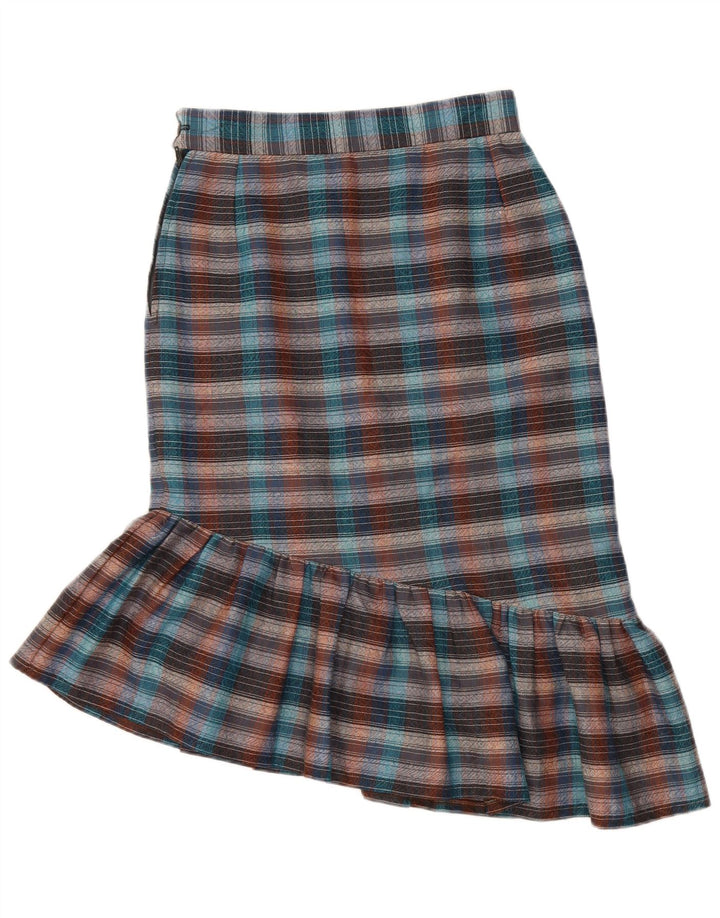Saia trompete assimétrica feminina VINTAGE W26 pequena xadrez multicolorida
