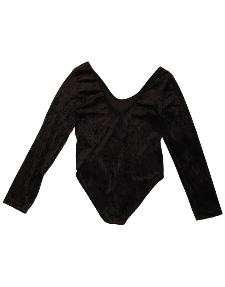 Body feminino VINTAGE de veludo manga comprida UK 10 pequeno poliéster preto