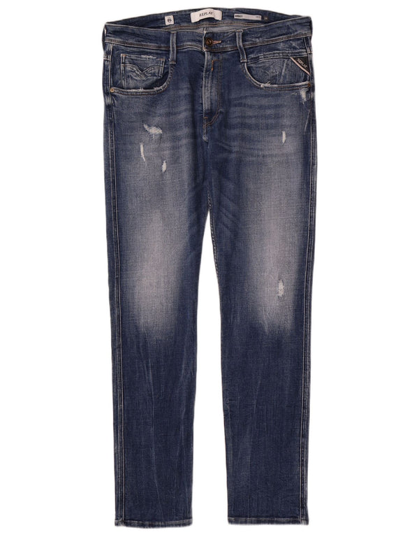 Replay Mens Anbass Distressed Slim Jeans W34 L32 Azul Algodão