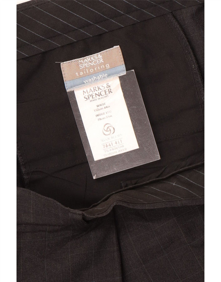 Calça masculina de terno reto Marks & Spencer W44 L31 poliéster xadrez cinza