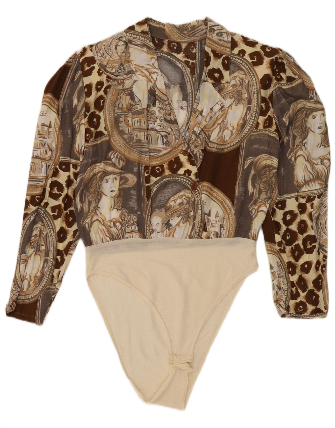 Body feminino vintage com estampa abstrata de manga comprida Reino Unido 14 marrom médio