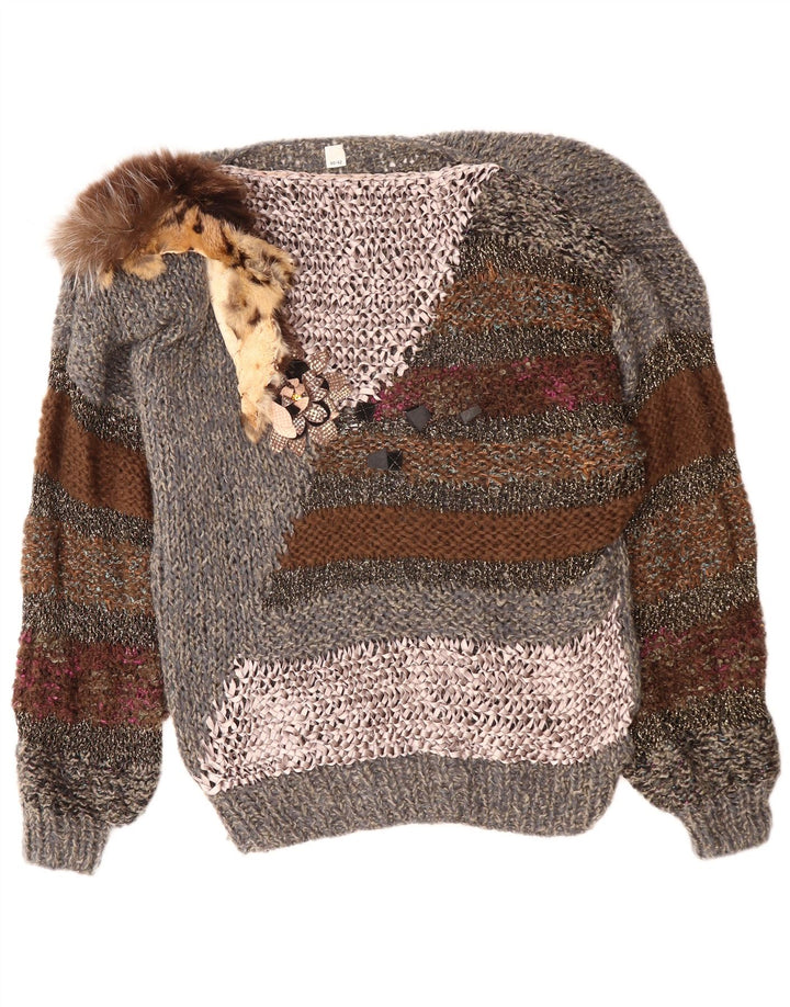 Suéter feminino VINTAGE com gola canoa EU 40/42 bloco de cores cinza médio