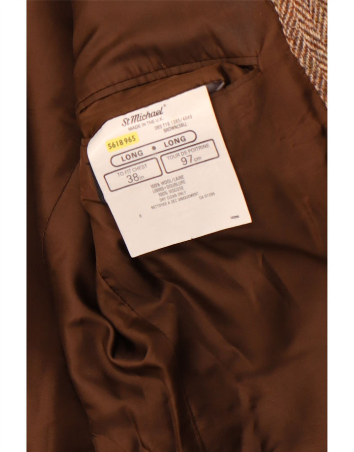 Jaqueta blazer masculina ST MICHAEL com 2 botões Reino Unido 38 lã espinha de peixe marrom médio