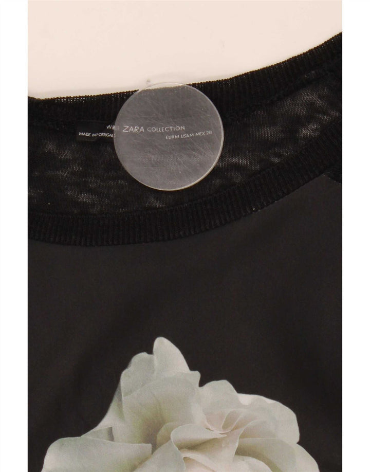 Zara Top gráfico feminino manga 3/4 Reino Unido 12 médio preto floral