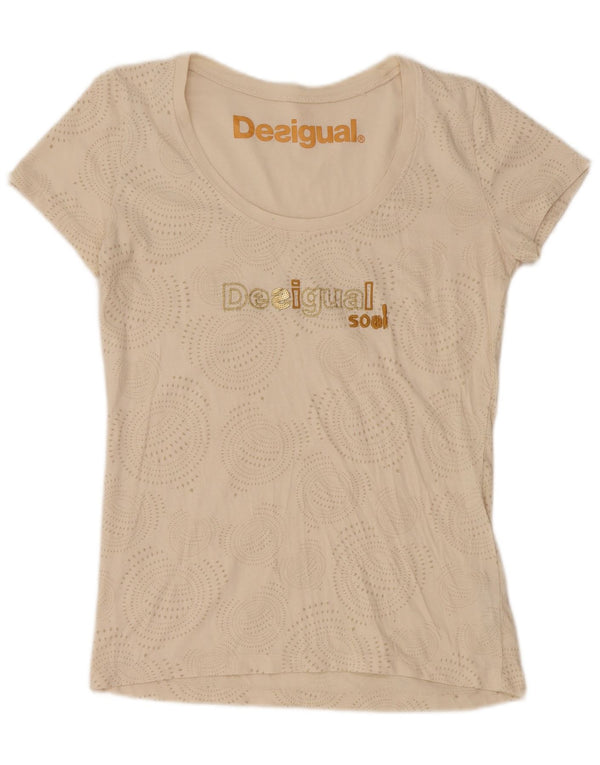 Camiseta feminina DESIGUAL com estampa gráfica UK 14 grande algodão bege manchado
