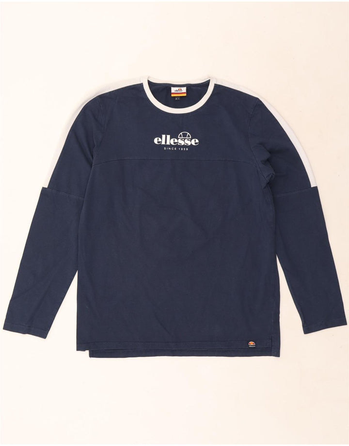 Ellesse Camiseta masculina gráfica de manga comprida grande algodão colorblock azul marinho