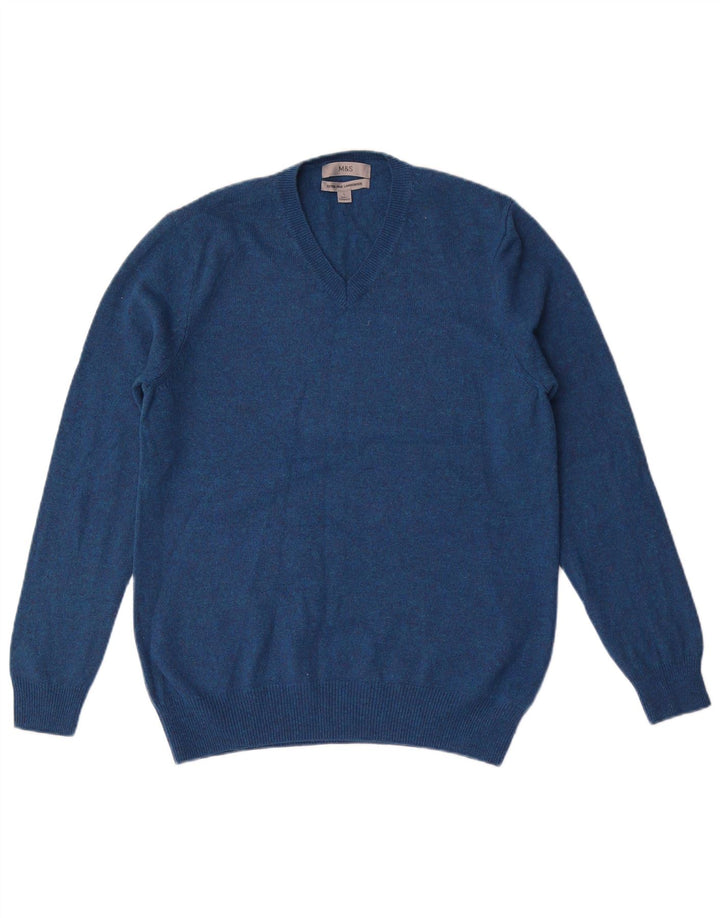 Suéter masculino Marks & Spencer com decote em V grande lã manchada azul