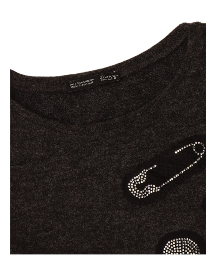 Zara Womens Crop Graphic Top Manga Longa Reino Unido 10 Pequeno Cinza