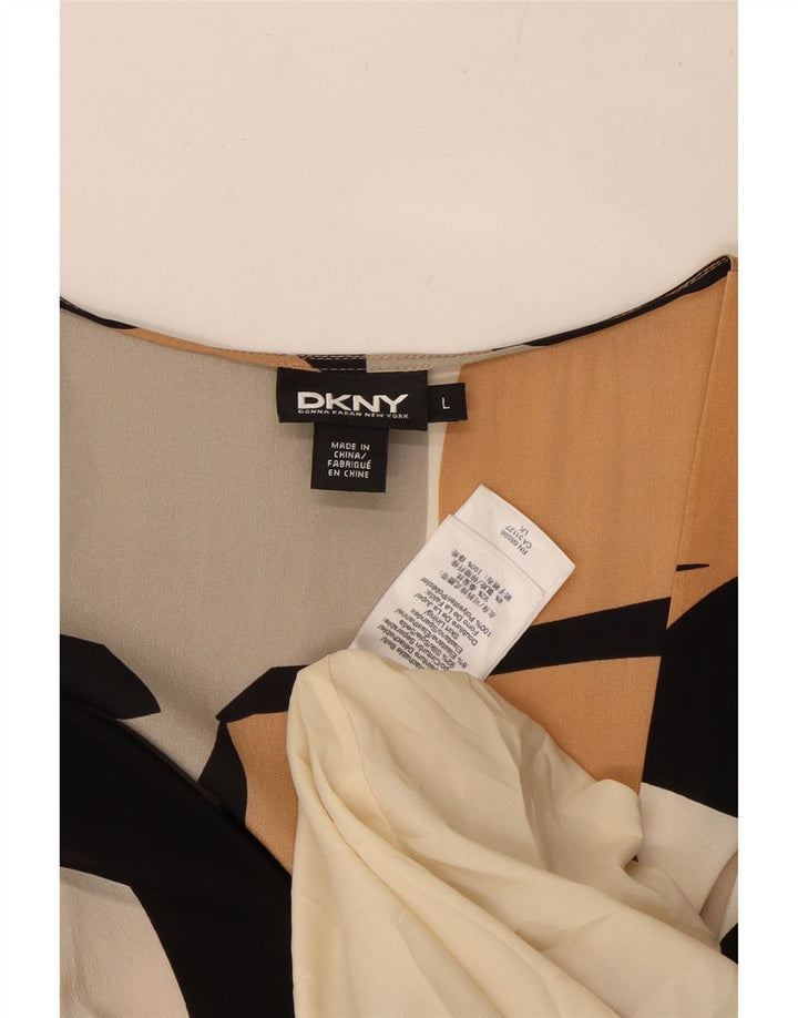 Vestido feminino DKNY manga 3/4 com bainha UK 14 grande multicolorido geométrico