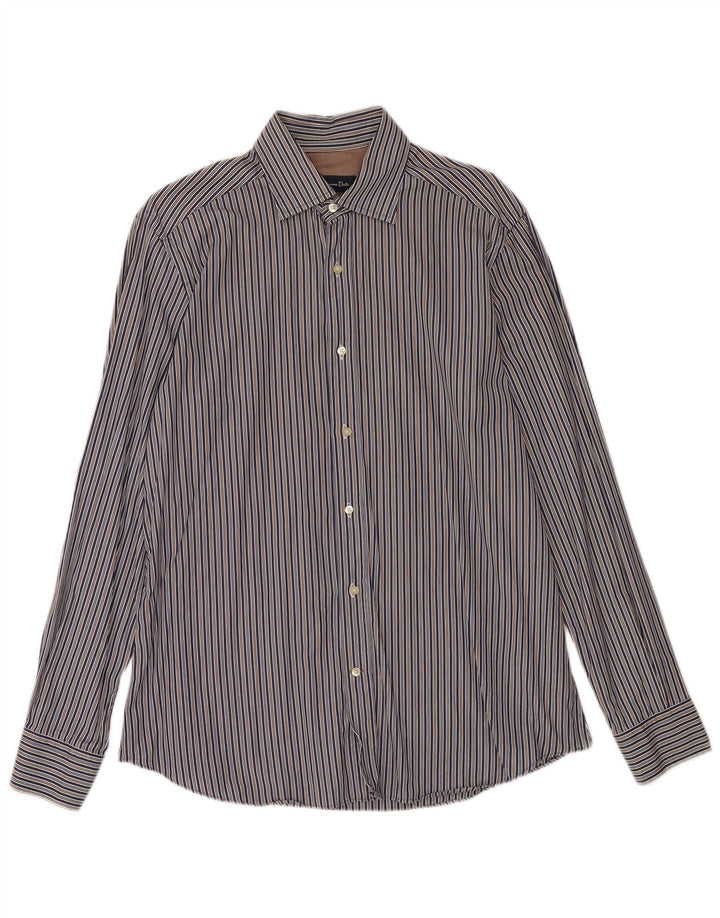 Camisa masculina Massimo Dutti grande algodão listrado azul