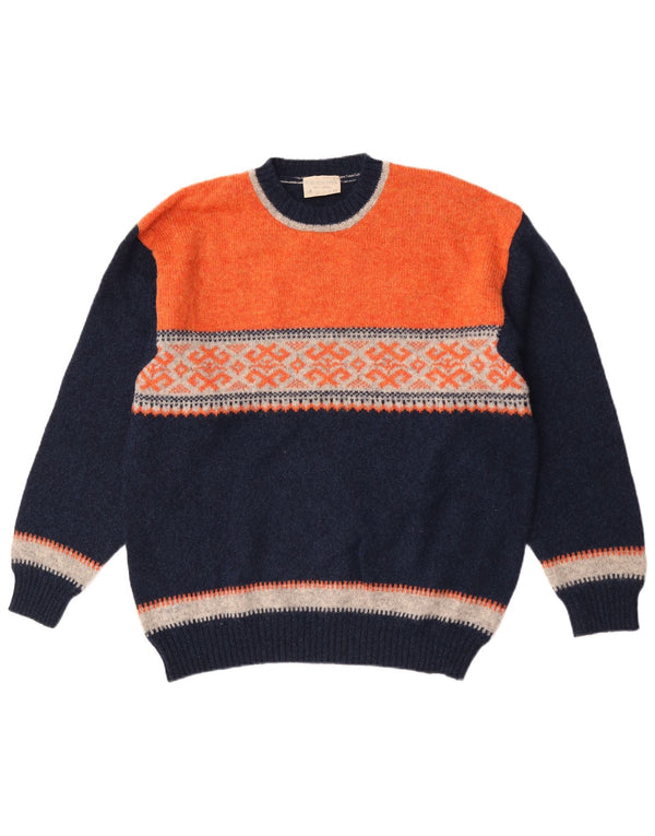 Suéter vintage masculino com gola redonda, grande lã colorblock azul marinho