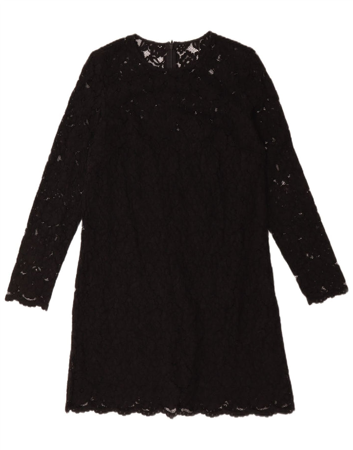 Vestido feminino vintage de manga comprida UK 12 poliéster floral preto médio