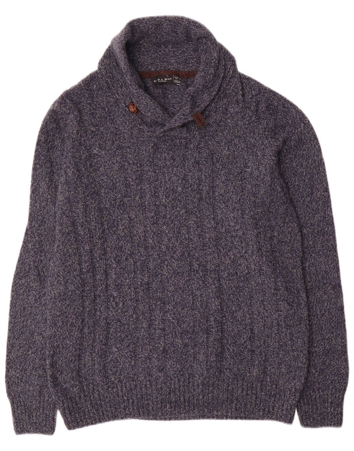 Zara Suéter masculino com gola xale grande lã manchada azul marinho