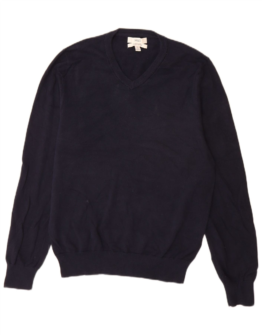 Suéter masculino Marks & Spencer com decote em V pequeno algodão azul marinho