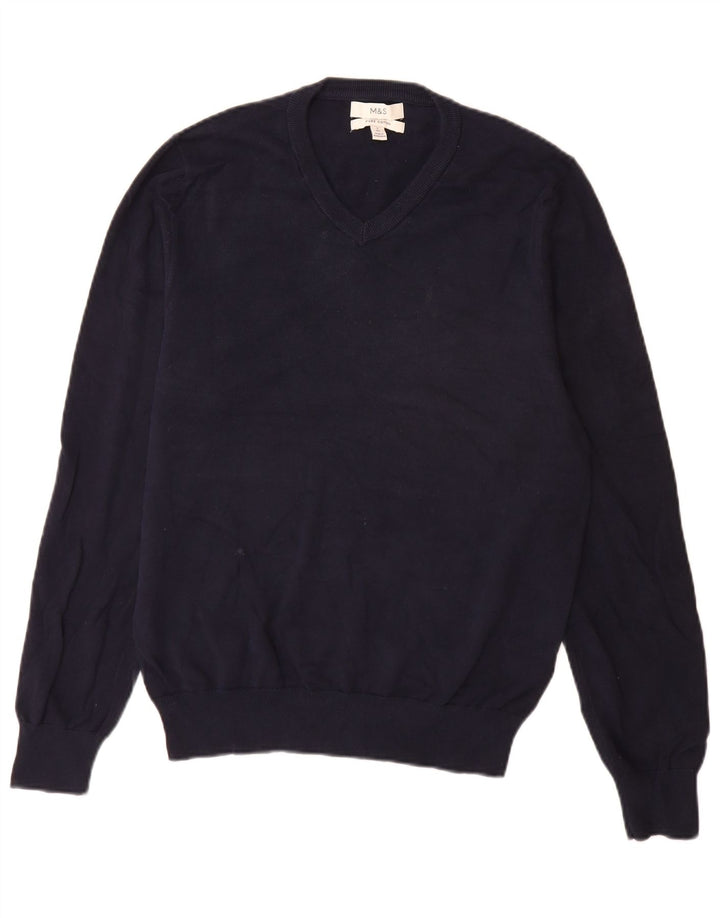 Suéter masculino Marks & Spencer com decote em V pequeno algodão azul marinho