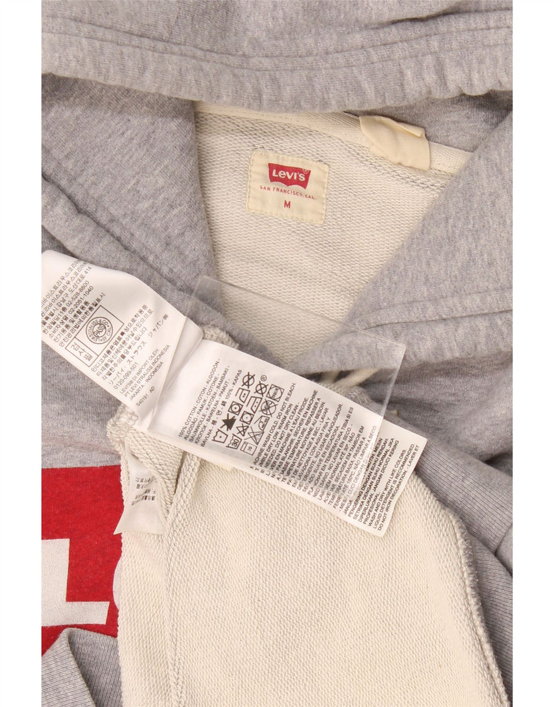 Suéter com capuz gráfico masculino Levi's algodão manchado cinza médio