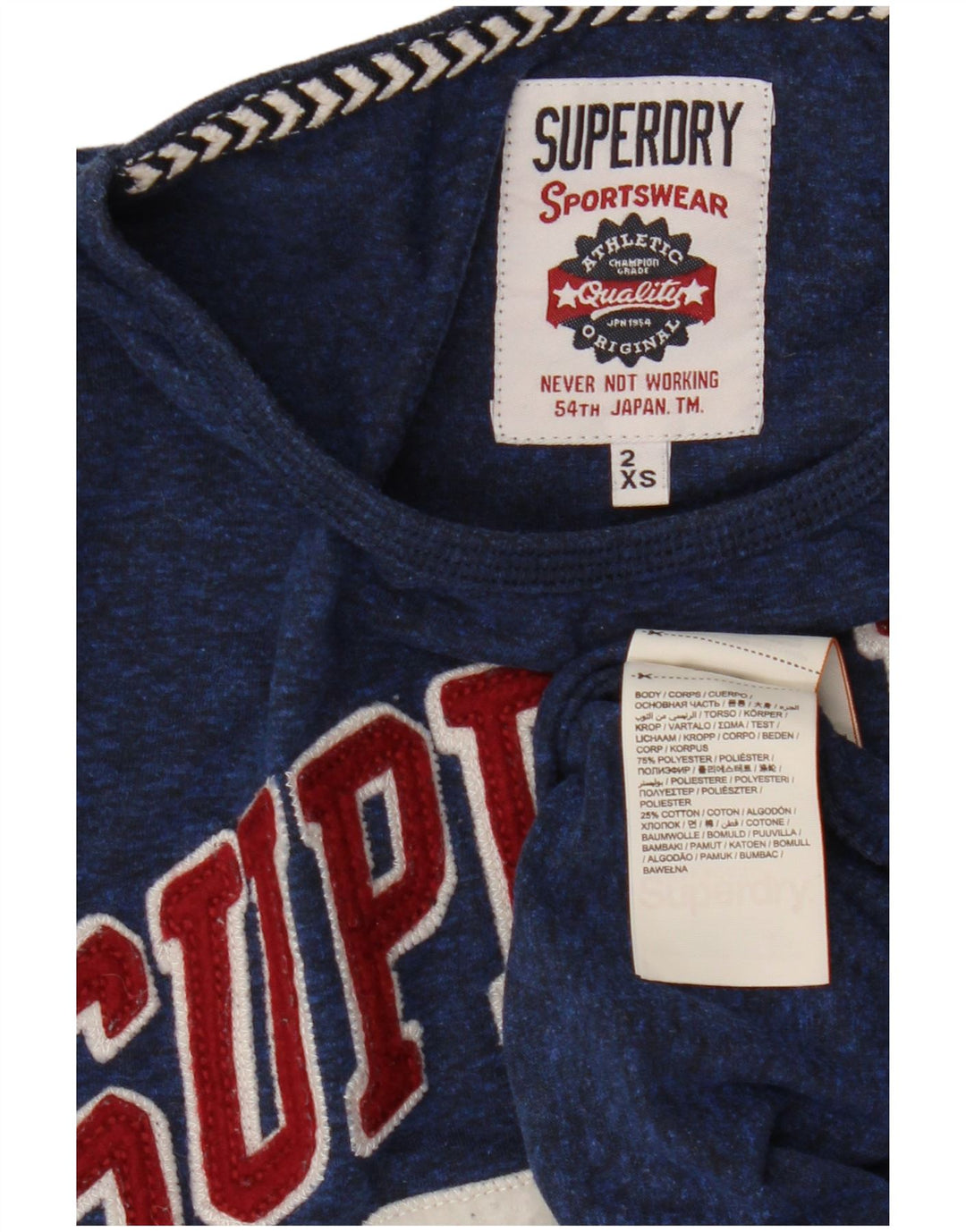 SUPERDRY Top gráfico feminino manga 3/4 UK 2 2XS azul marinho poliéster