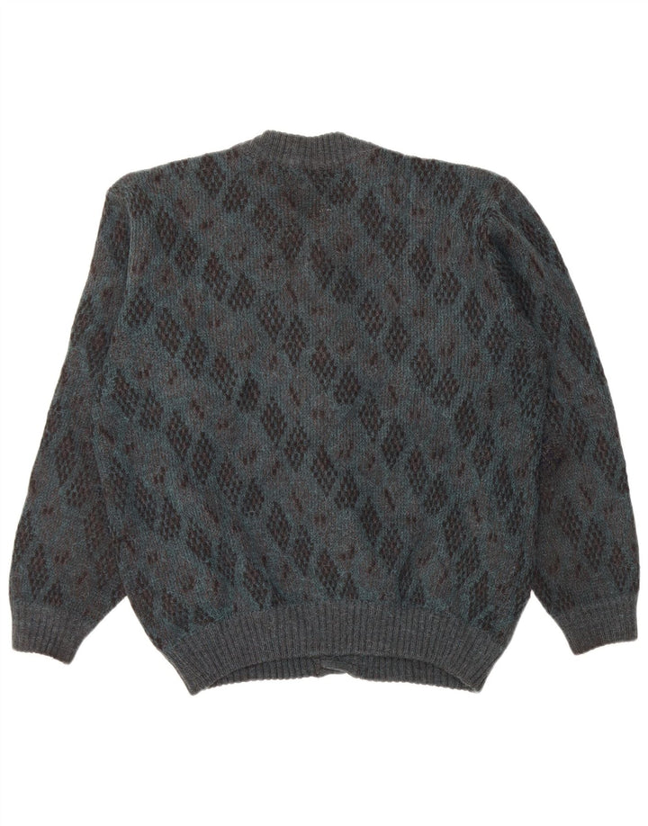 Suéter cardigã masculino vintage grande lã azul argyle/diamante alpaca