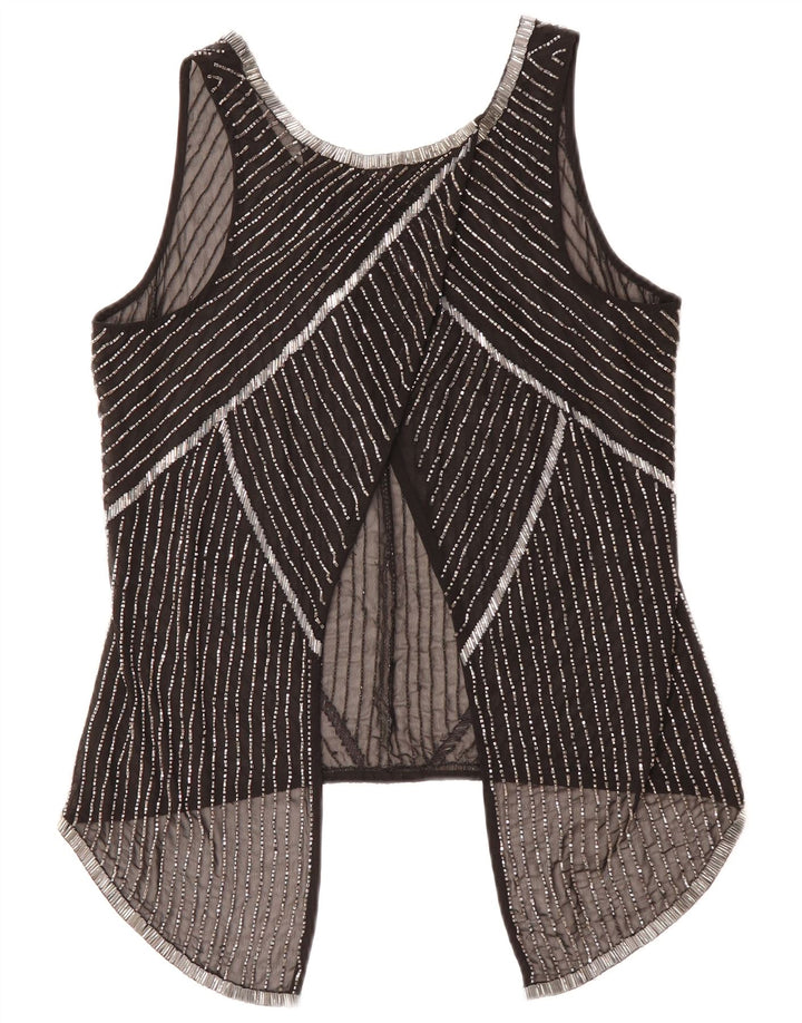 BIBA feminino sem mangas transparente top UK 10 pequeno poliéster listrado preto