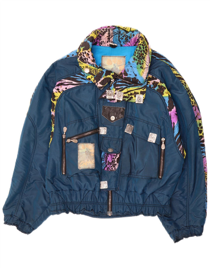 Jaqueta de esqui superdimensionada feminina vintage IT 52 2XL azul animal print poliamida