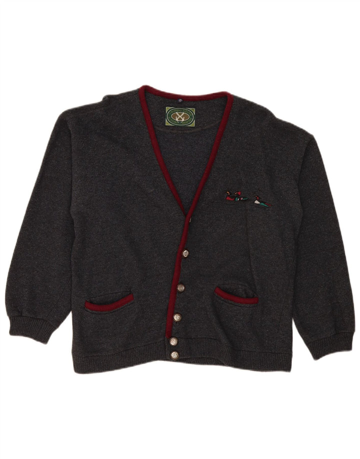 Suéter cardigã masculino vintage lã cinza médio