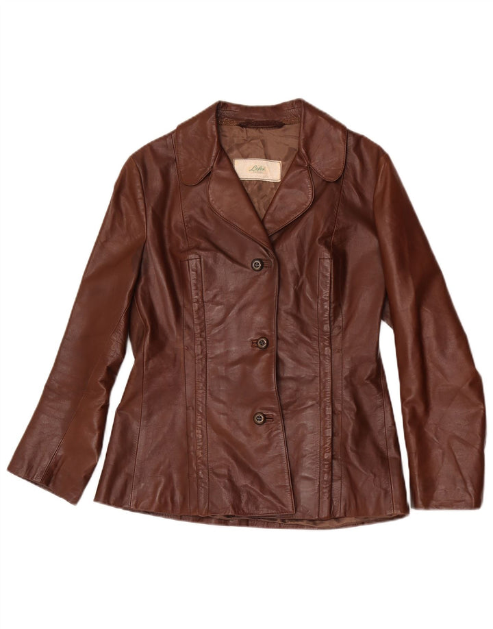 Jaqueta blazer feminina vintage de couro com 3 botões Reino Unido 12 marrom médio