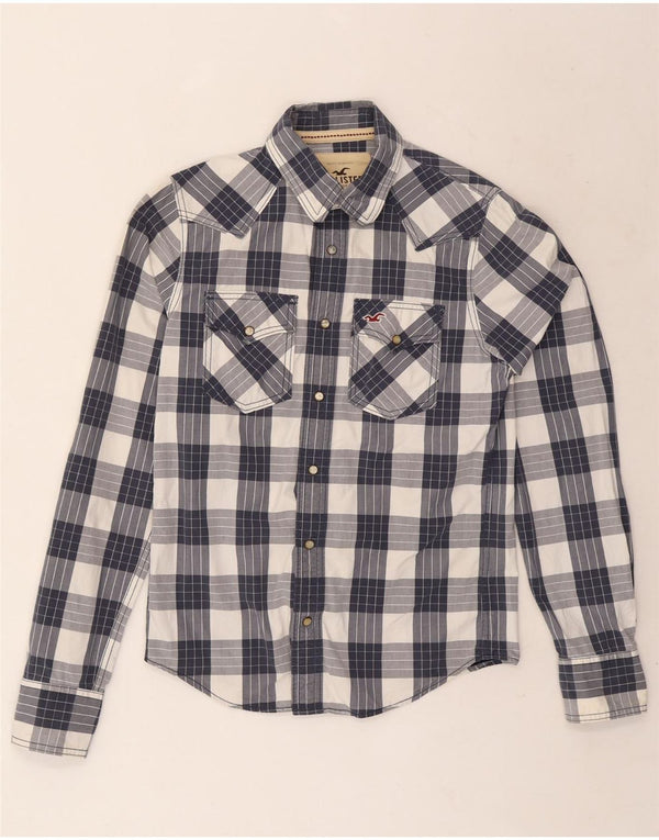 Camisa masculina Hollister pequena xadrez azul marinho de algodão