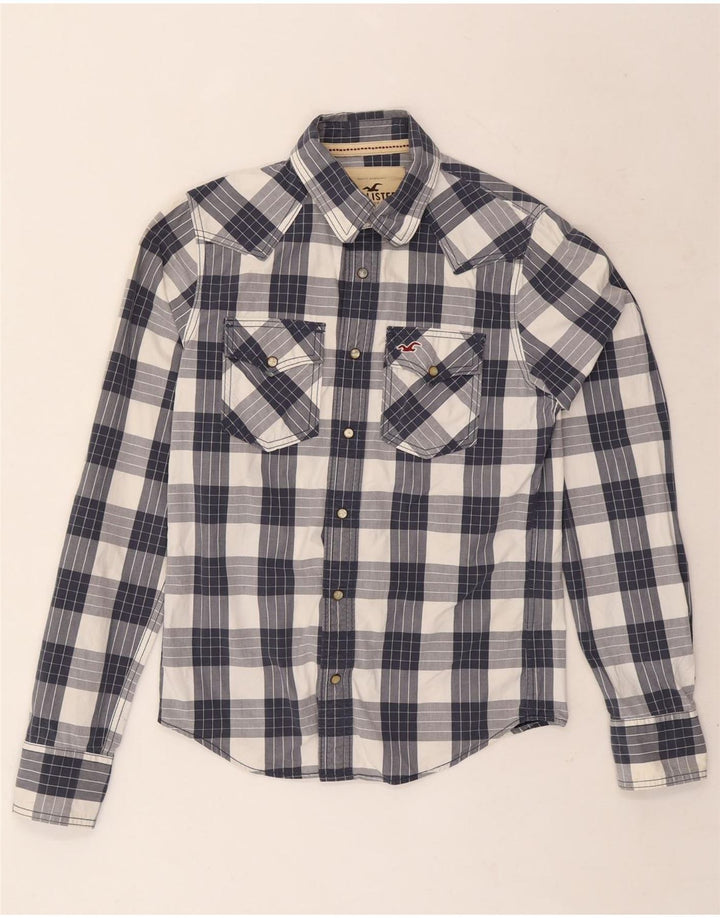 Camisa masculina Hollister pequena xadrez azul marinho de algodão