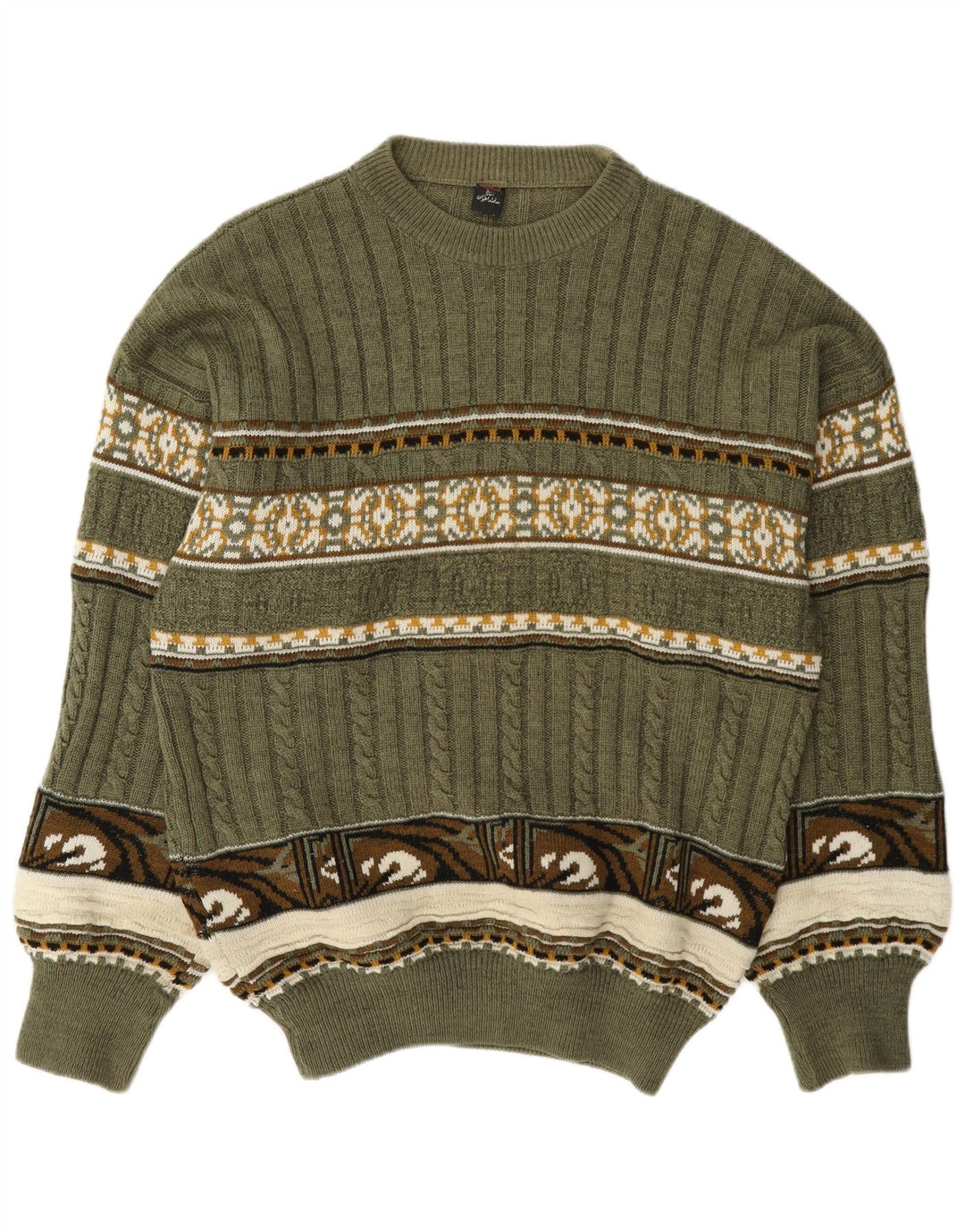 Suéter vintage masculino com gola redonda, verde médio, Fair Isle