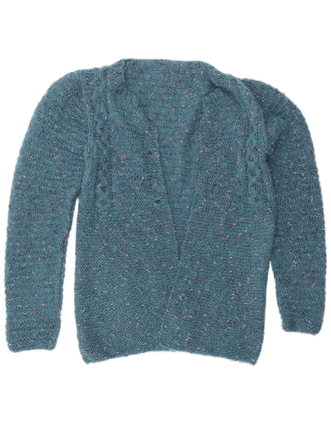 Suéter cardigã aberto feminino vintage UK 12 médio azul manchado