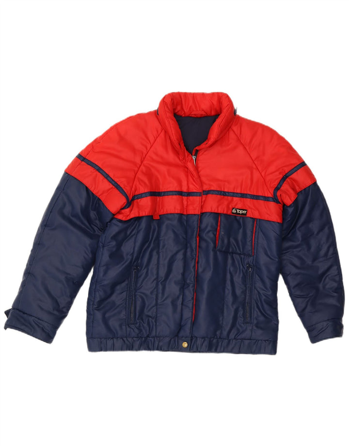 Jaqueta acolchoada feminina vintage IT 42 poliéster colorblock azul marinho médio
