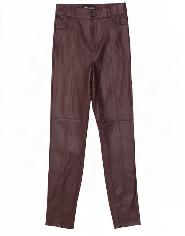 Zara Calça feminina skinny de couro sintético pequena W26 L29 marrom poliuretano