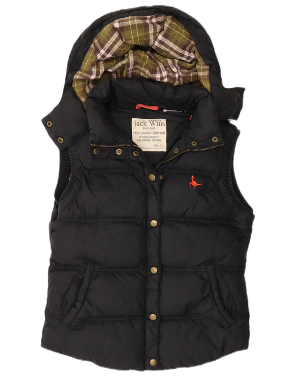 Colete acolchoado com capuz feminino Jack Wills Reino Unido 10 pequeno algodão preto